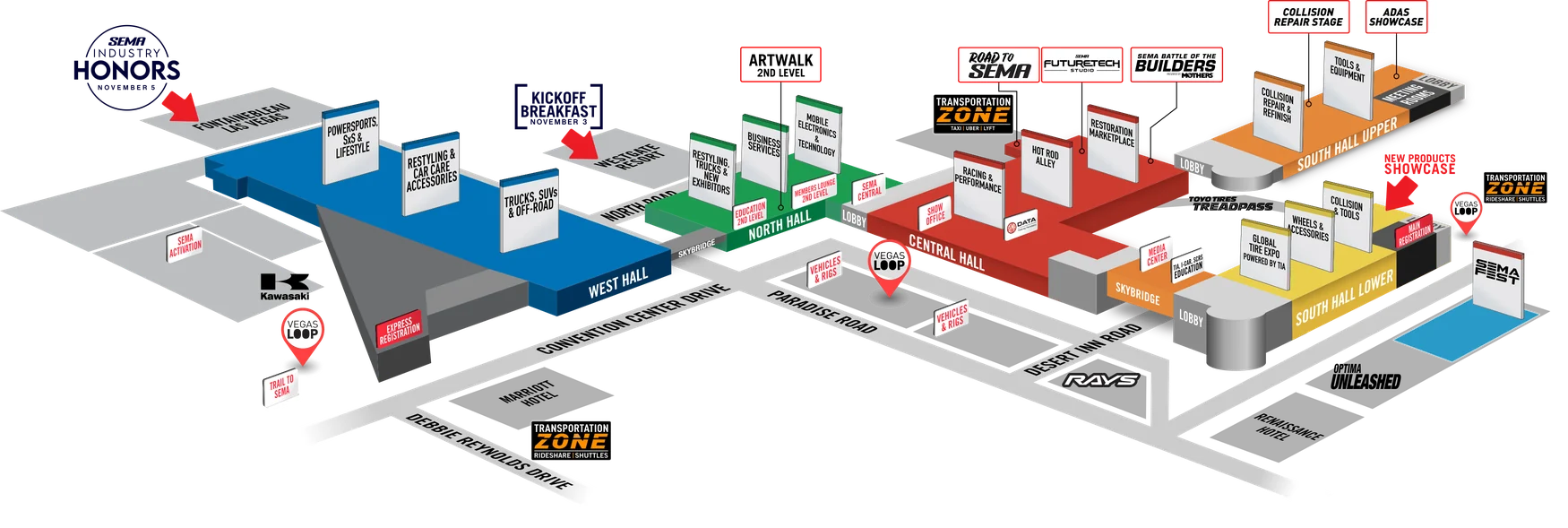 Planta isométrica do Las Vegas Convention Center no SEMA Show, com os pavilhões Oeste, Norte, Central e Sul divididos por cor.